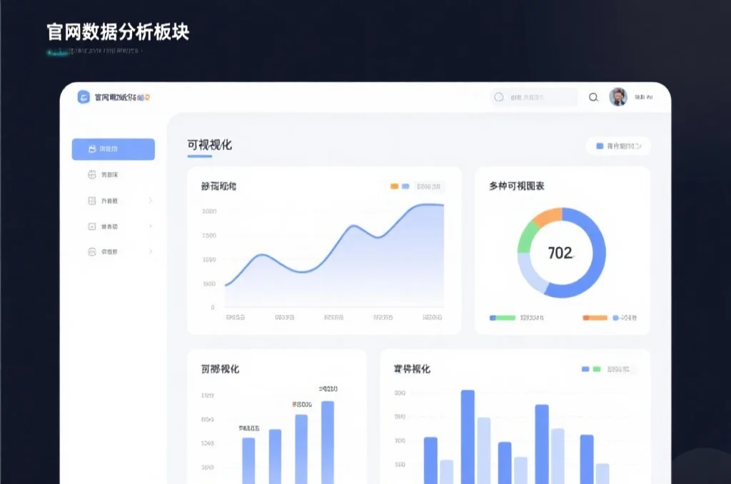 官网数据分析板块的界面截图，突出显示各种可视化图表，如折线图和柱状图，页面设计简洁现代