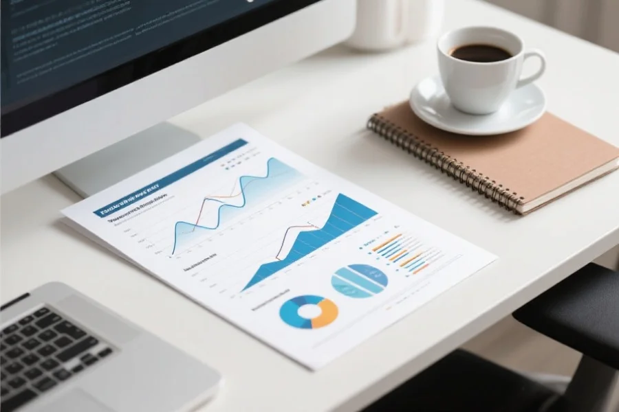 一份专业的自动化数据分析报告，包含丰富图表、曲线和文字说明，摆放在办公桌上，旁边有咖啡杯和笔记本