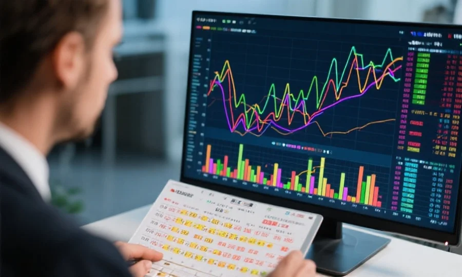 分析师正在电脑前解读复杂的彩票走势图，屏幕上显示彩色数据曲线和统计图表