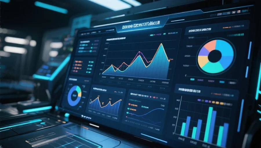 现代数据可视化界面，展示丰富的图表与趋势线，背景为科技感十足的操作平台